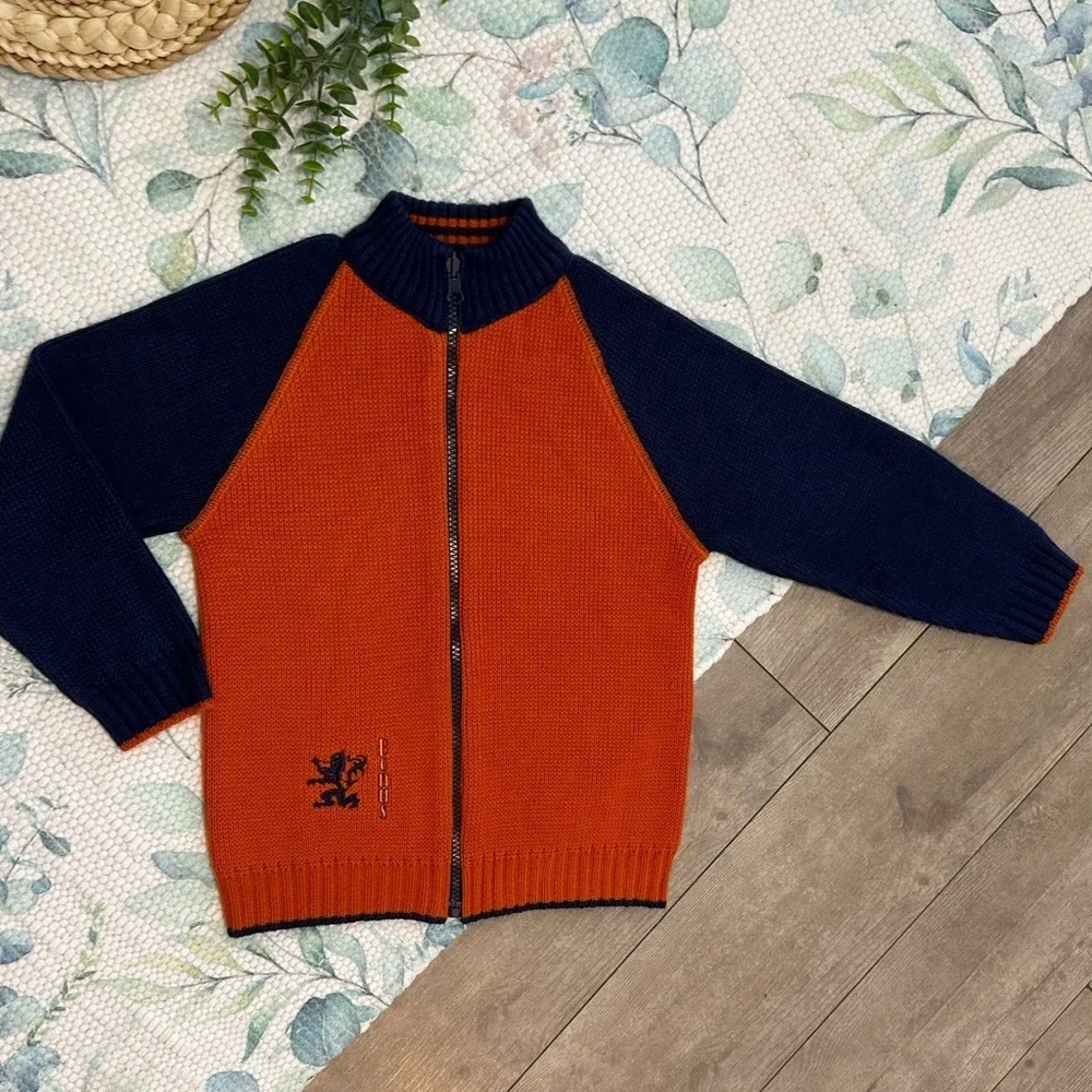 Vintage Boys Orange Navy Blue Knit Sweater Jacket Coat Size Small Netherlands